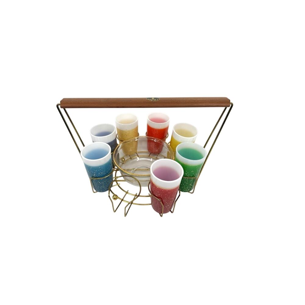 Galamite Glitter Fire King Glass 7 Tumbler Set With Caddy and Ice Bowl